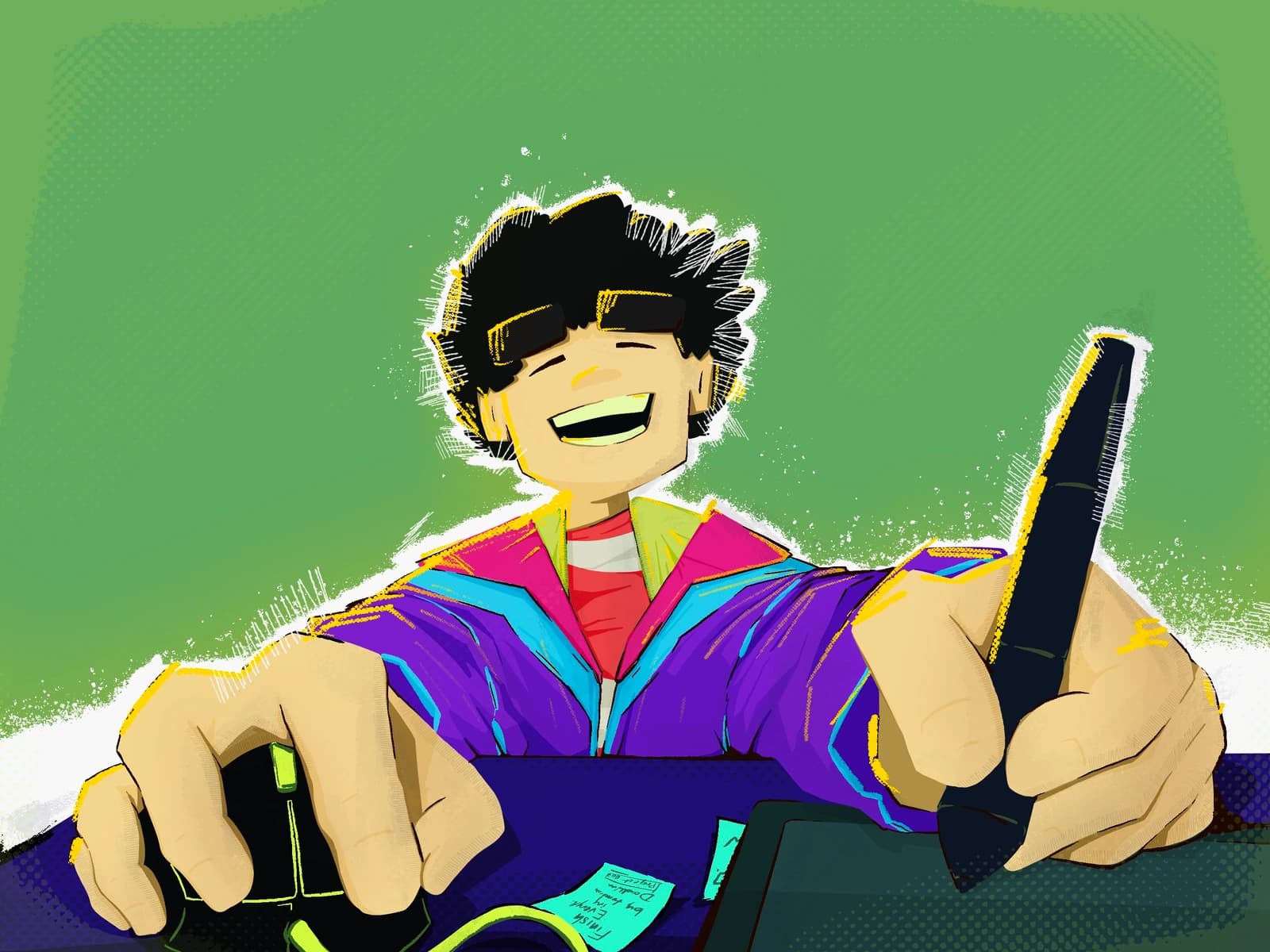 Illustration of a man in a colorful outfit holding a shopping bag