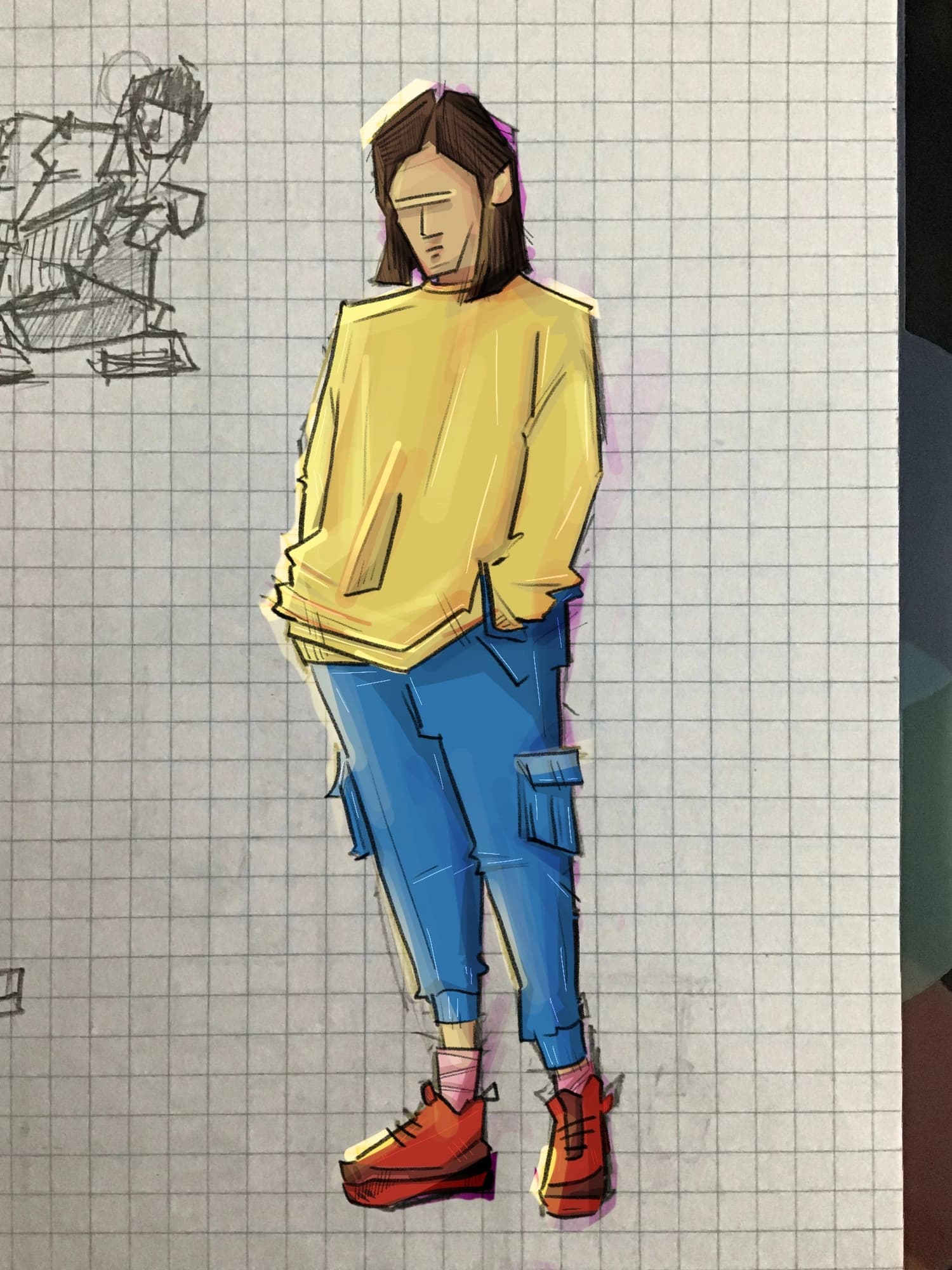 Illustration of a woman in a yellow top and blue trousers holding a sketchbook