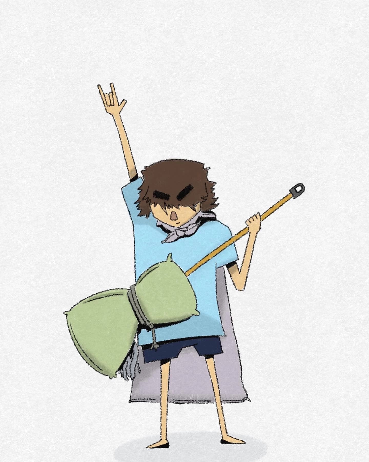 Illustration of a person in a yellow sweater and blue jeans holding a cane